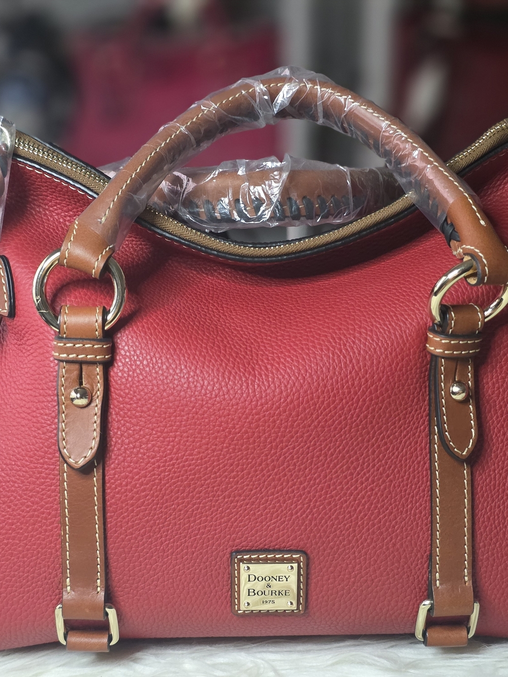 Dooney & Bourke Red Pebble Leather Satchel with Tan Trim and Gold Hardware - Picture 1 of 8